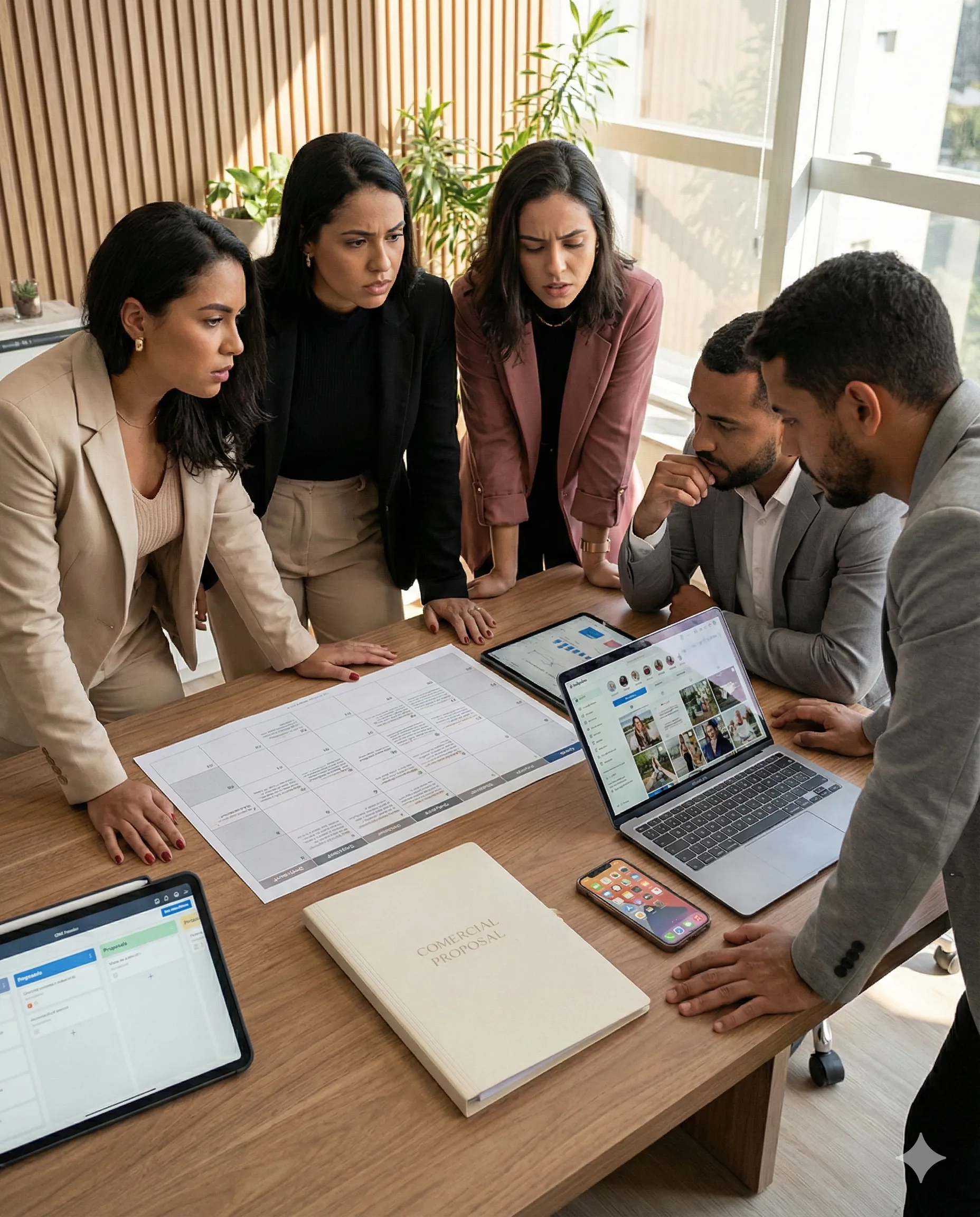 Equipe analisando calendário editorial e estratégia